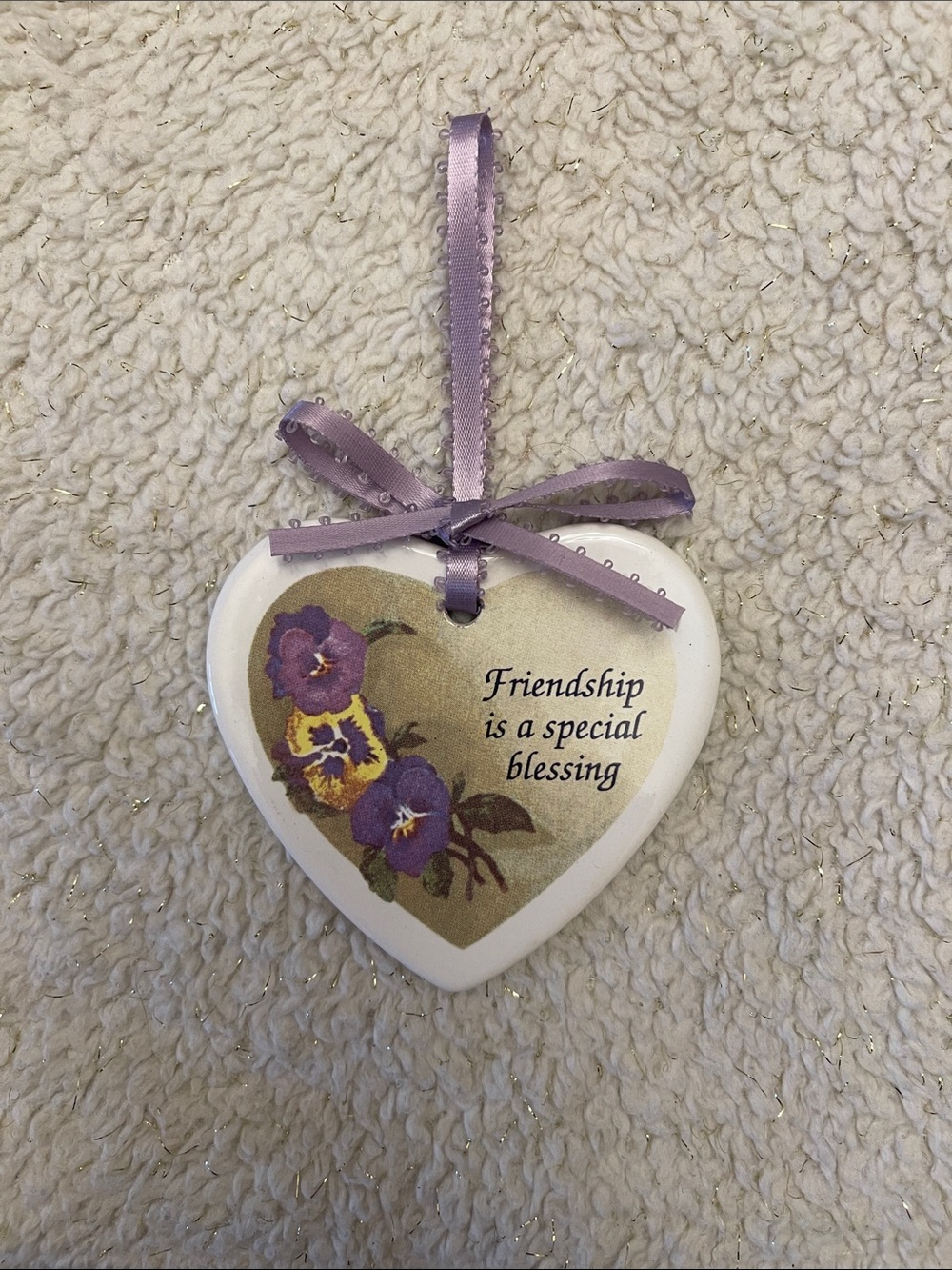 Vintage 1990s~ White Heart Ceramic Hanging Ornament with Lavender Ribbon